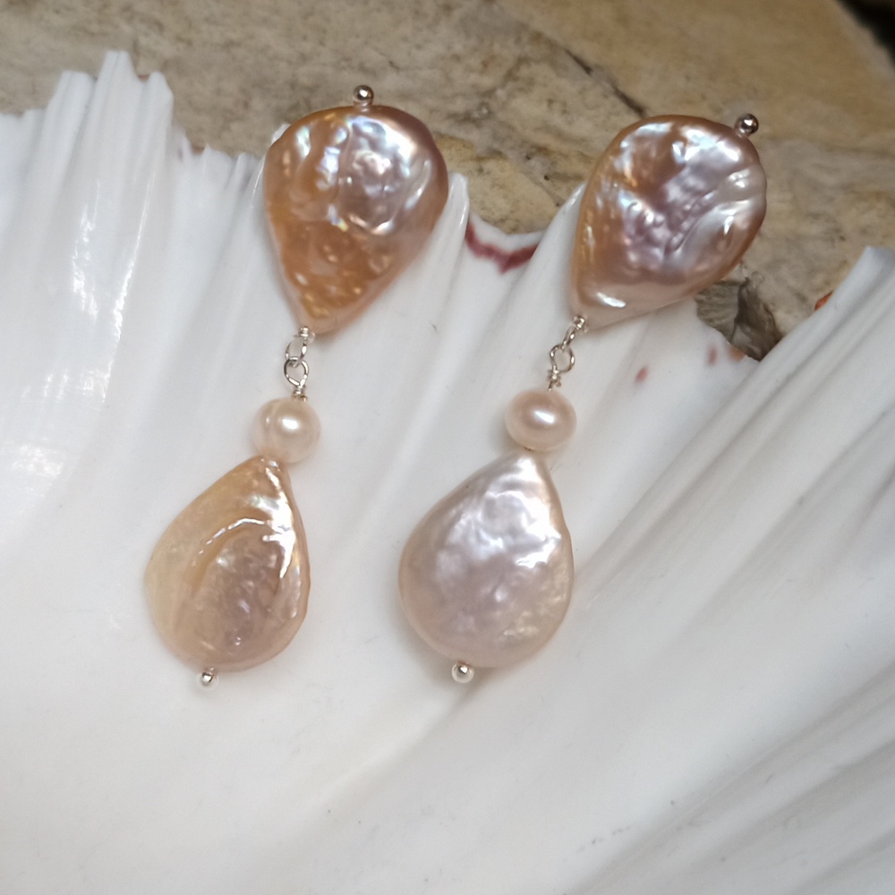 Freshwater Pearl Drop Earrings Pink Orange